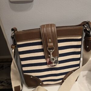 Chaps Navy and Cream Striped Crossbody Bag